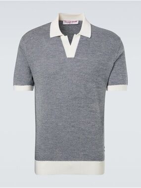 Orlebar Brown Men's Horton Grey Blue Contrast-Collar Wool Blend Polo Medium